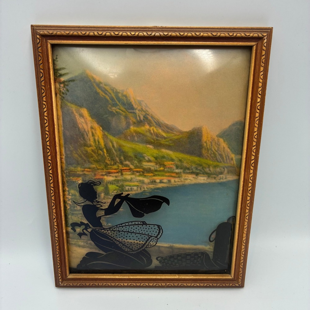Vintage Reverse Glass Silhouette Painting Coastal Scene Ornate Wood Frame